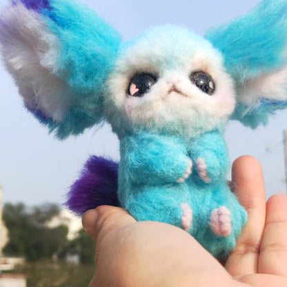 Blue Wool Felt Fennec Fox Spirit Figure with Articulated Wire Frame