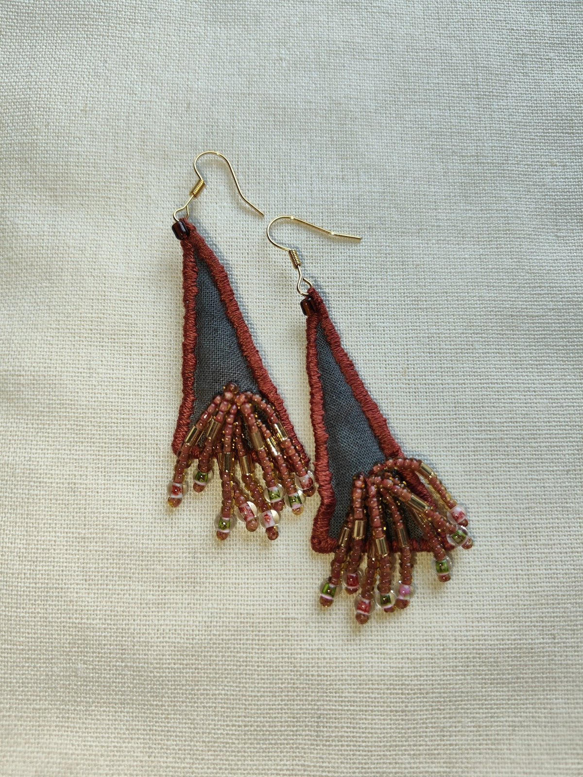 Handmade Fabric Tassel Earrings Gray Beaded