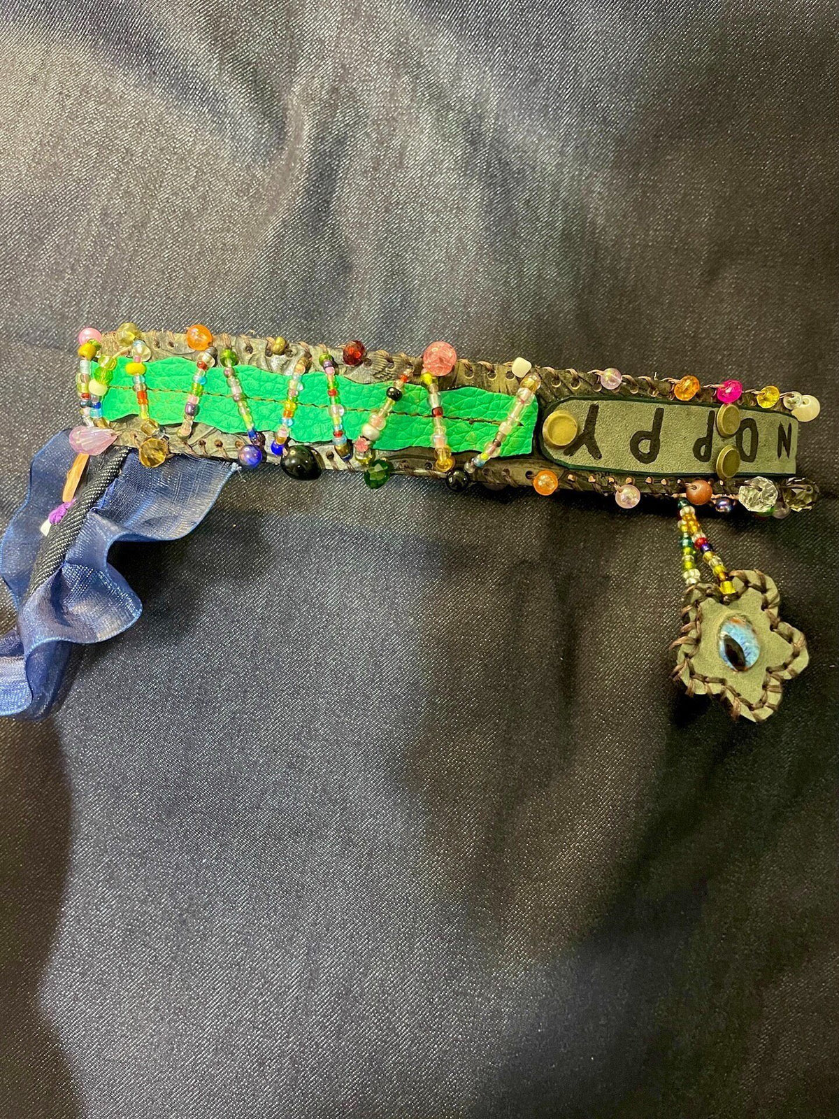 Handcrafted Printed Leather Pet Collar with Beads