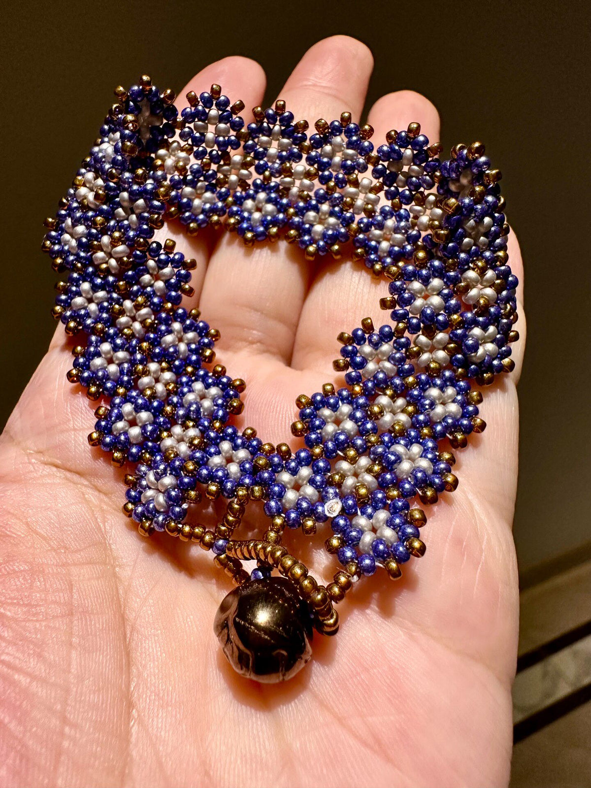 Seed Bead Woven Bracelet Navy Pearl Bronze