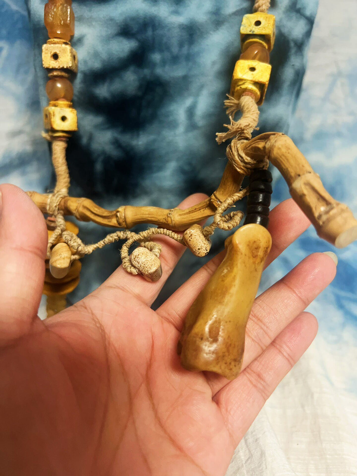 Handwoven Bamboo Root Necklace with Bone Pendant