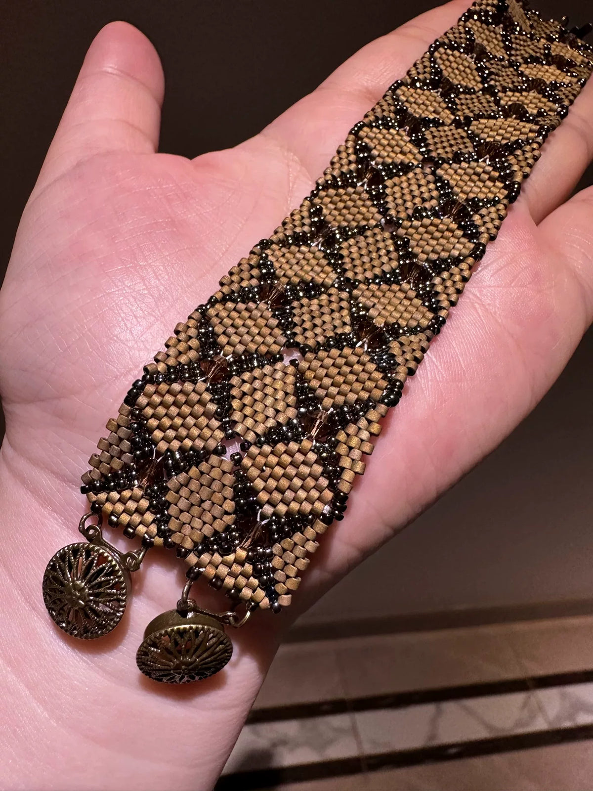 Handcrafted Wide Bead Cuff Bracelet Antique Gold Black