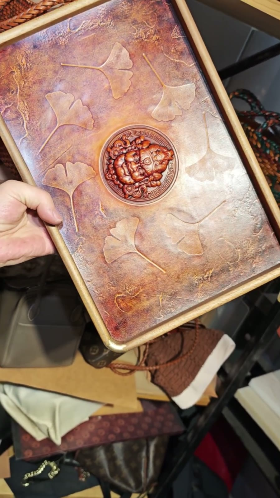 Cowhide Decorative Tray with Wealth God Relief