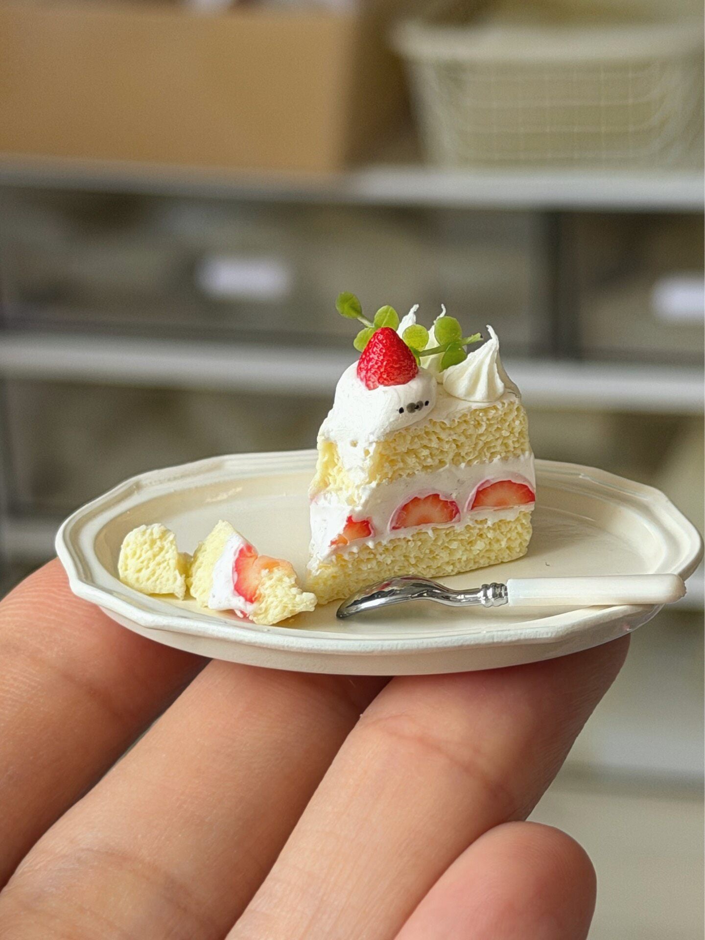 Miniature Strawberry Cake Slice with Plate and Spoon
