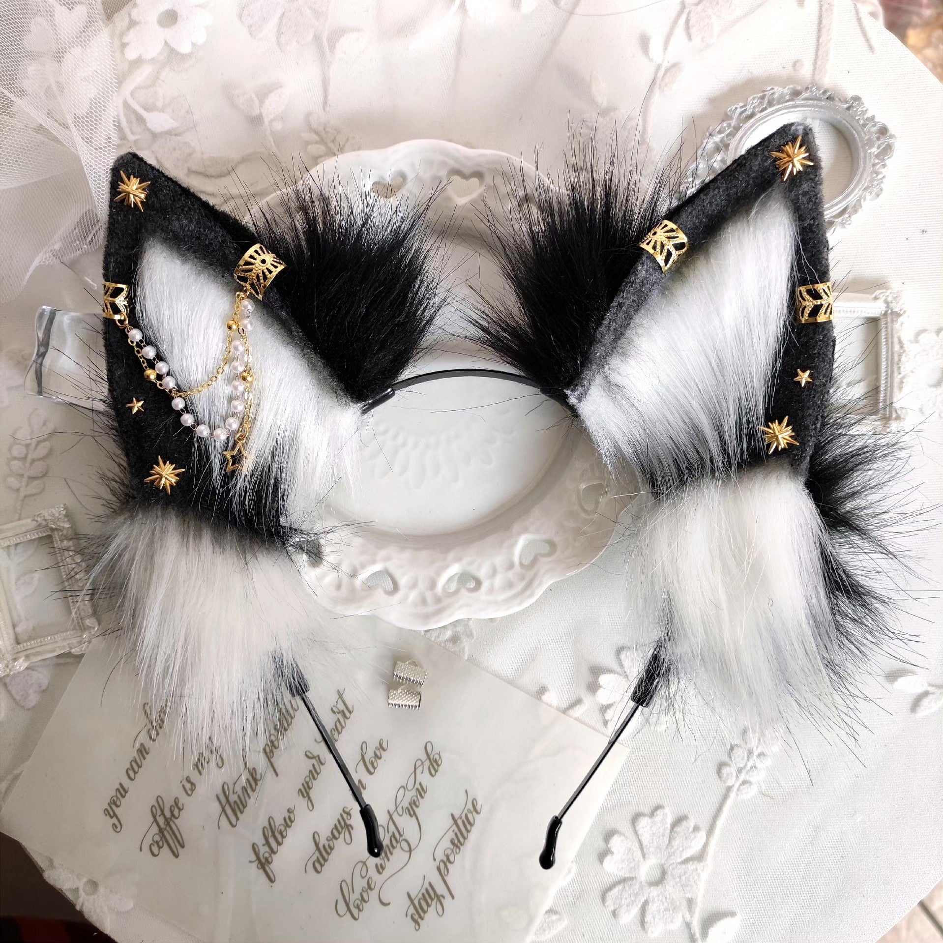 Black and White Dark Fox Ear Wolf Ear Plush Hairband with Gold Star and Chain Decorations