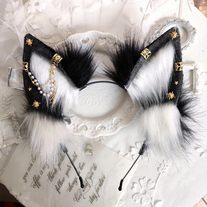 Black and White Dark Fox Ear Wolf Ear Plush Hairband with Gold Star and Chain Decorations