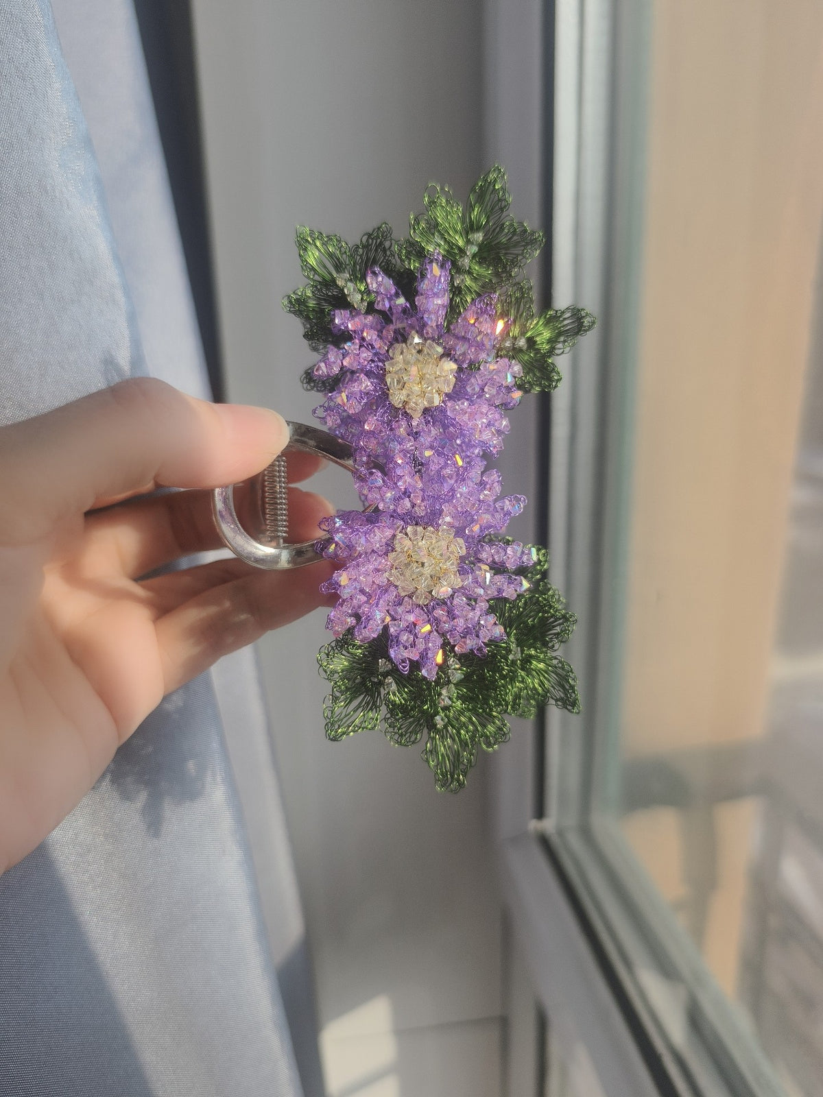 Purple Beaded Daisy Flower Claw Clip