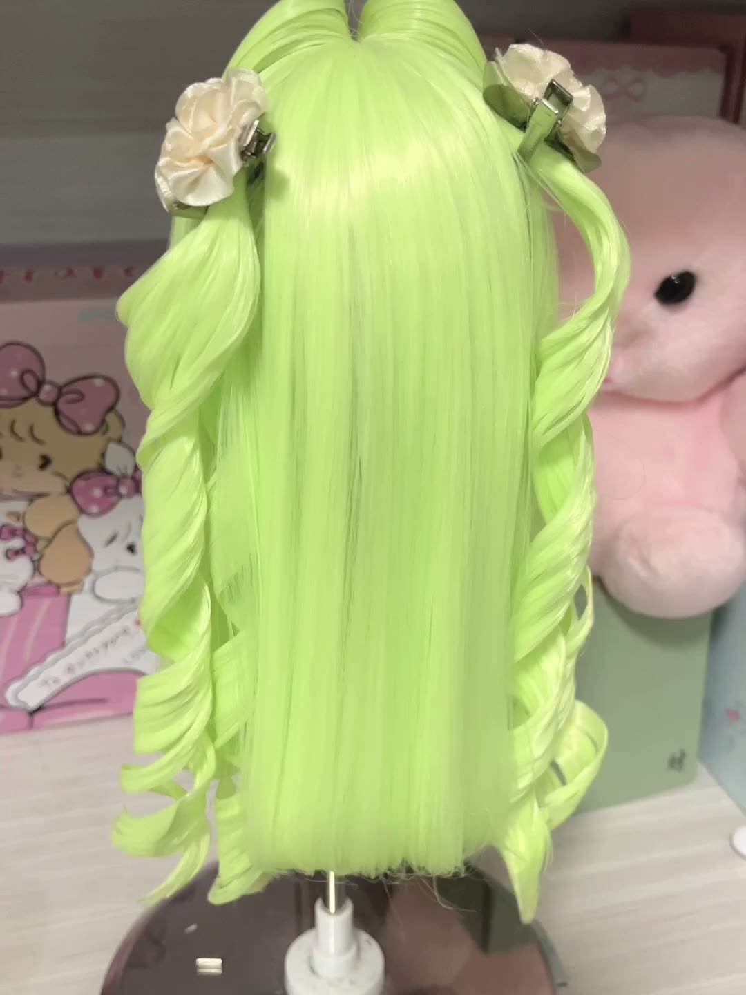 Lime Green Doll Wig with Flowers