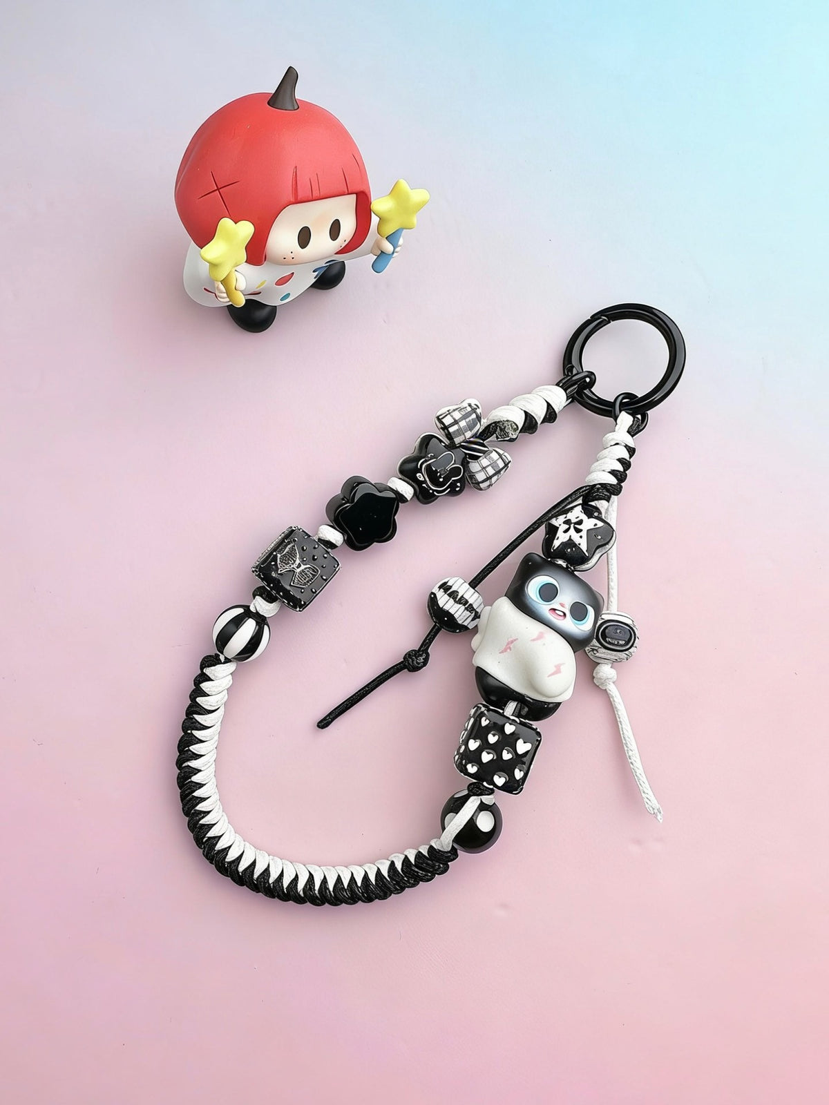 Handwoven Black White Cat Figurine Phone Charm