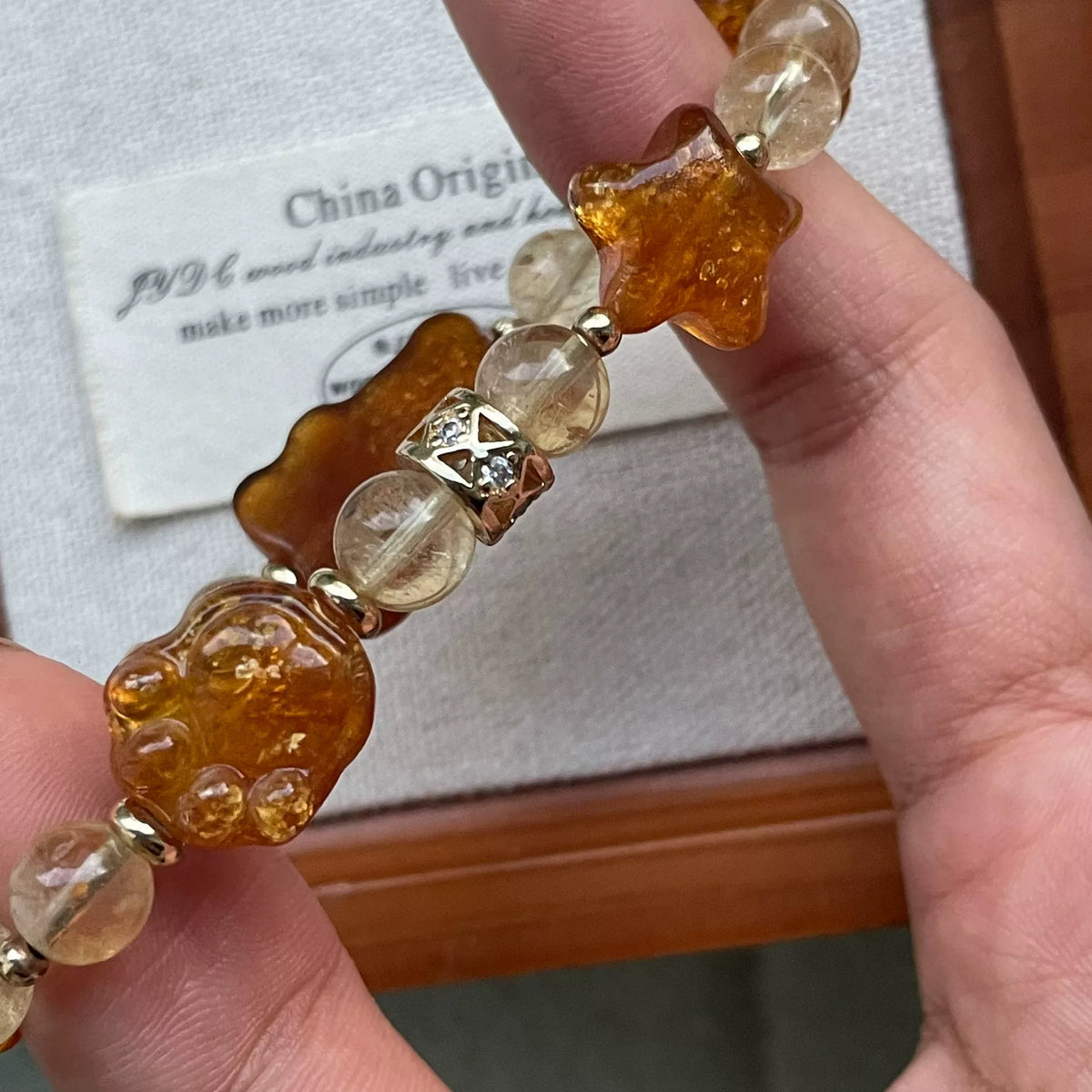 Natural Honey Amber Beaded Bracelet with Gold Accents