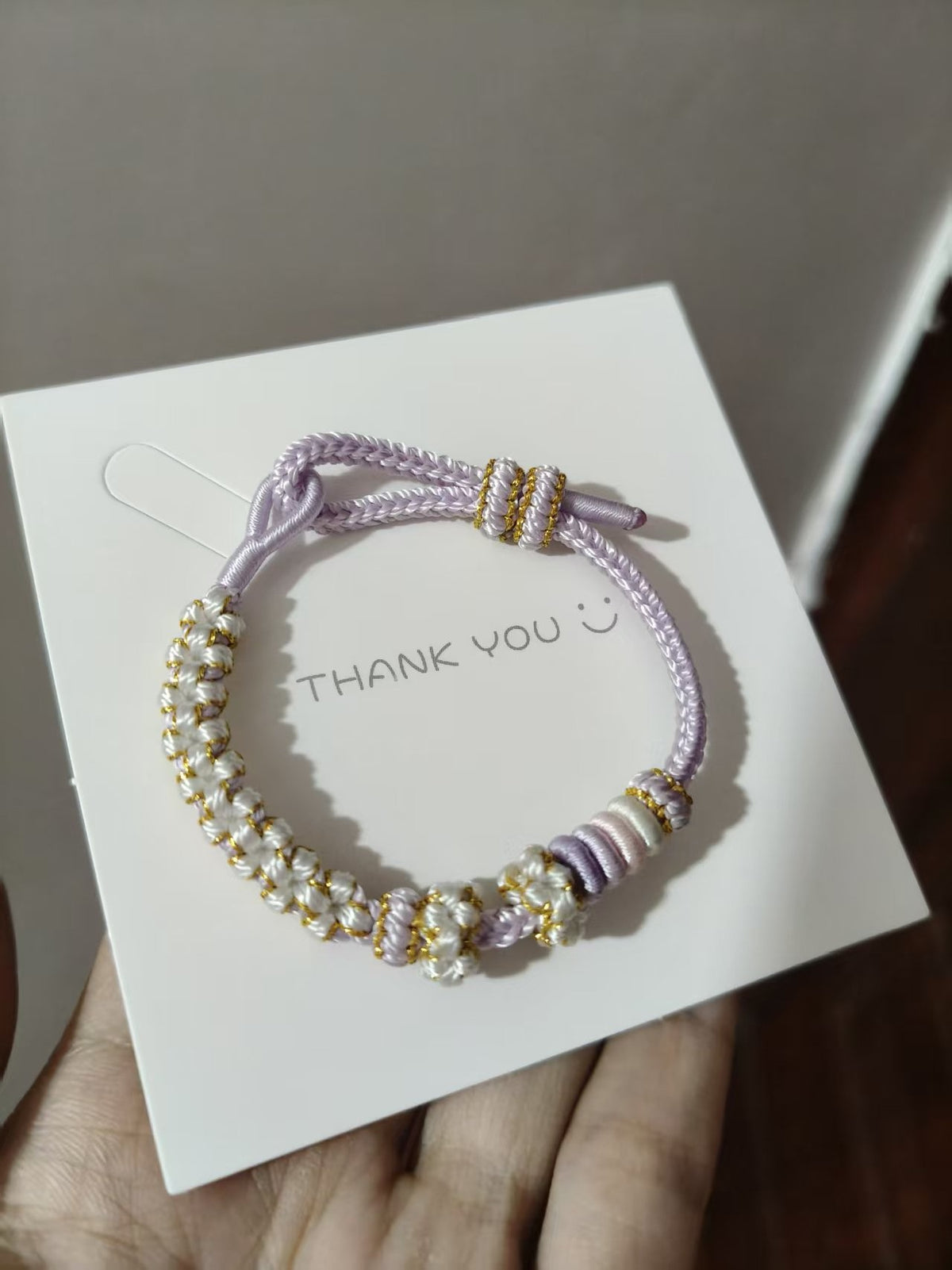 Handwoven Purple White Gold Knot Bracelet