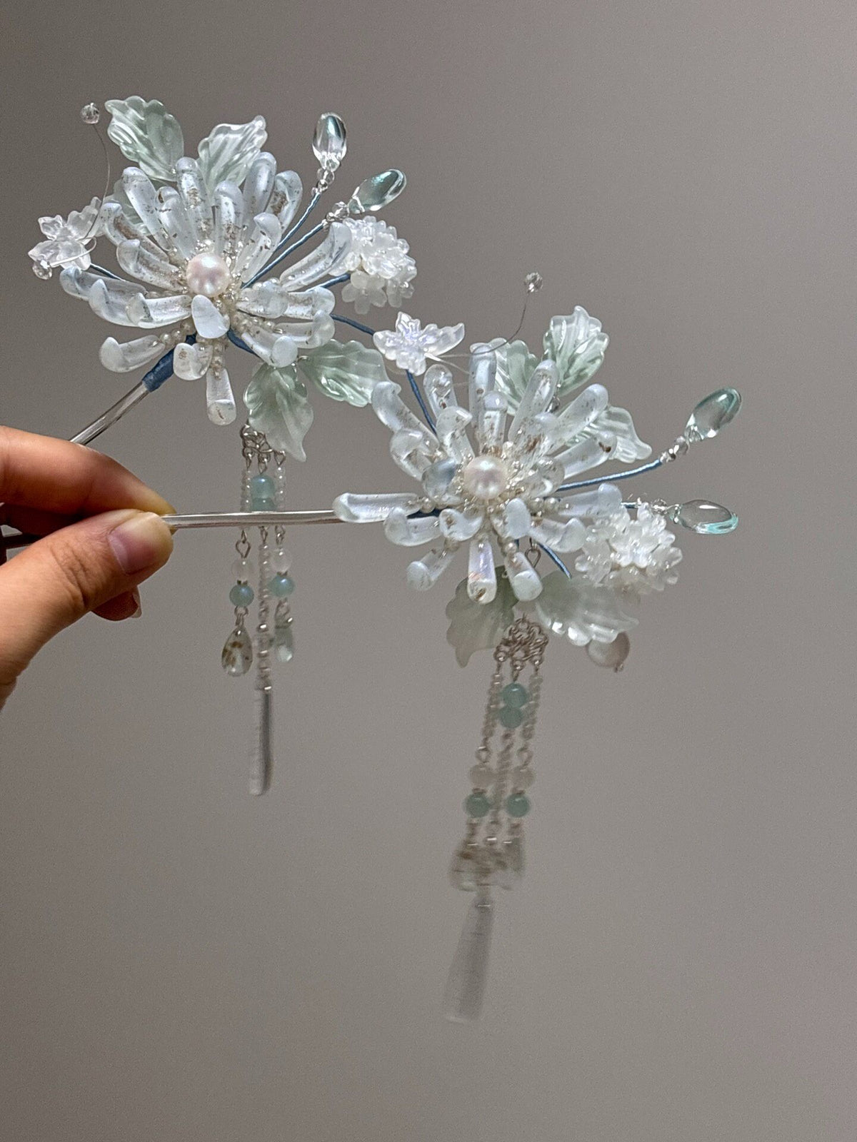 Jade Blue Field Chrysanthemum Liuli Hairpins