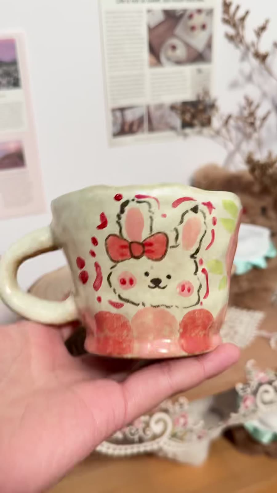 Handcrafted Ceramic Mug Handpainted Rabbit Flowers