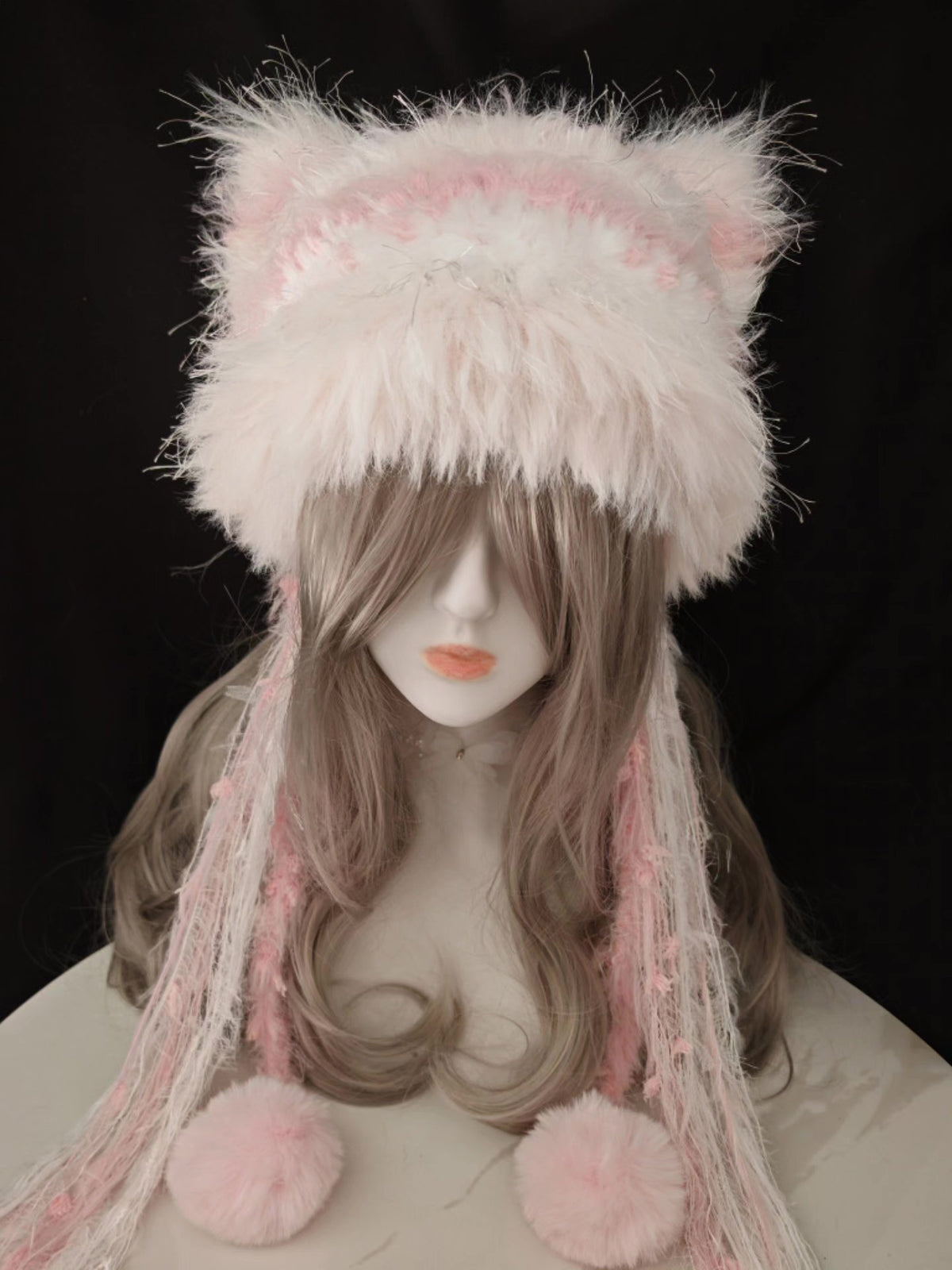 Plush Cat Ear Hat with Pom Pom Tassels