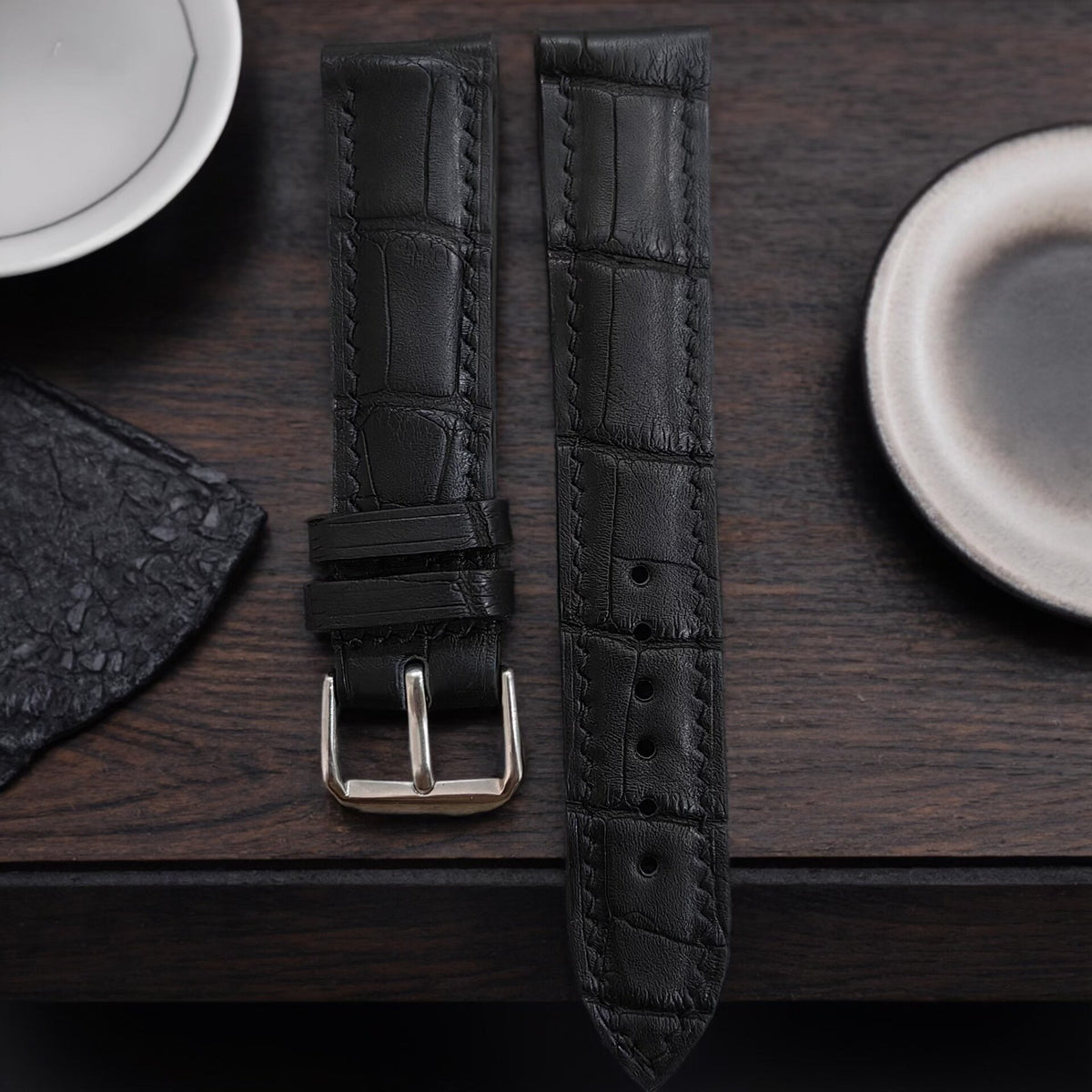 Handmade Black Crocodile Leather Watch Strap