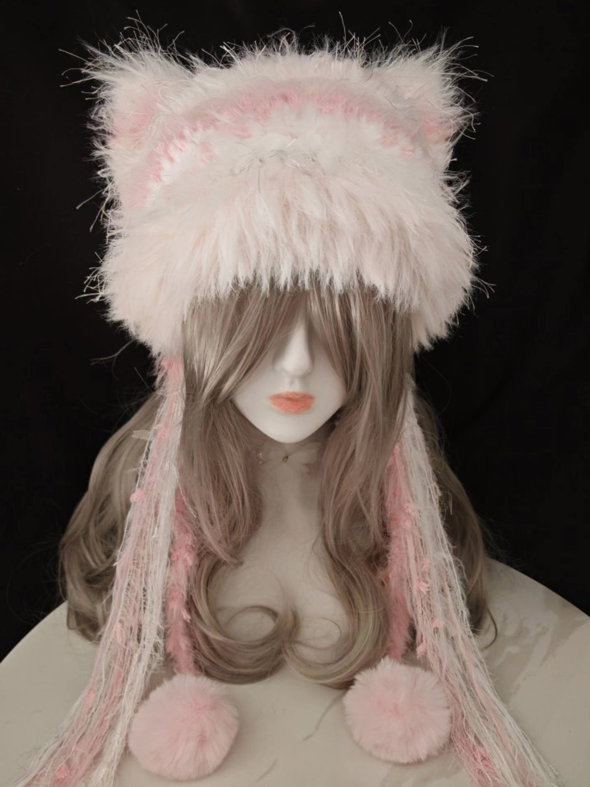 Plush Cat Ear Hat with Pom Pom Tassels