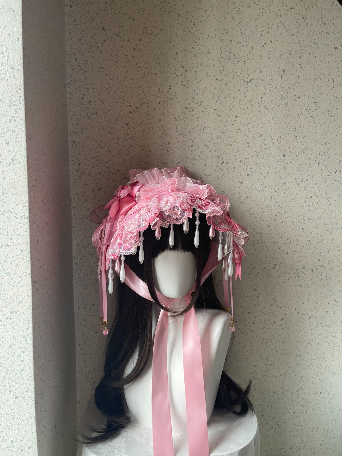Lolita Pink Lace Bonnet Handmade Headpiece
