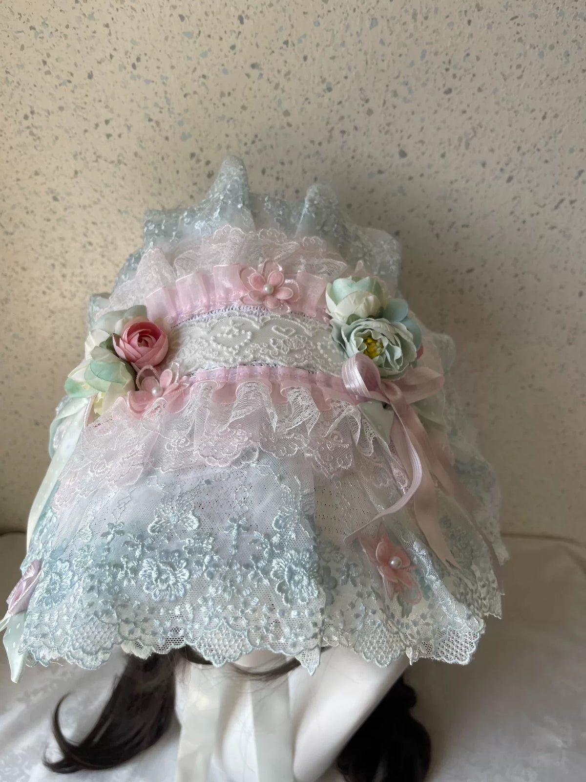 Gorro Lolita de Renda Verde-Menta e Rosa