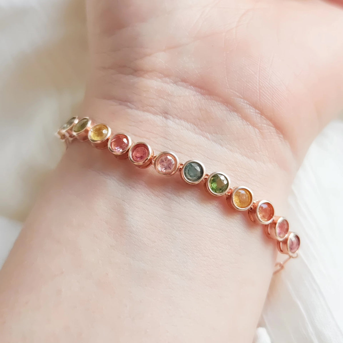 Multicolor Tourmaline Bracelet Rose Silver 19 cm