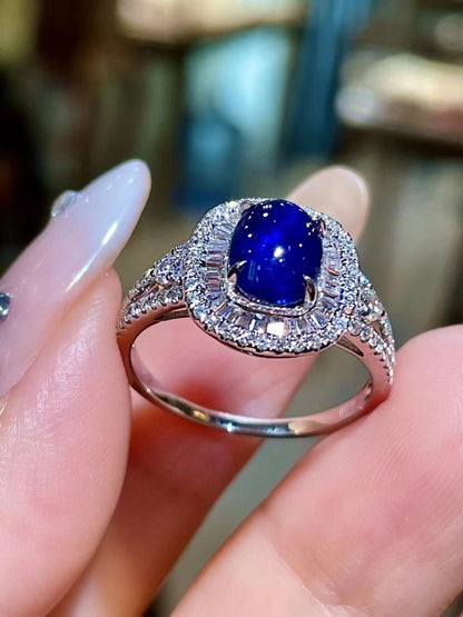 1.91ct Oval Cabochon Sapphire Double Halo Diamond Ring in 18K Gold