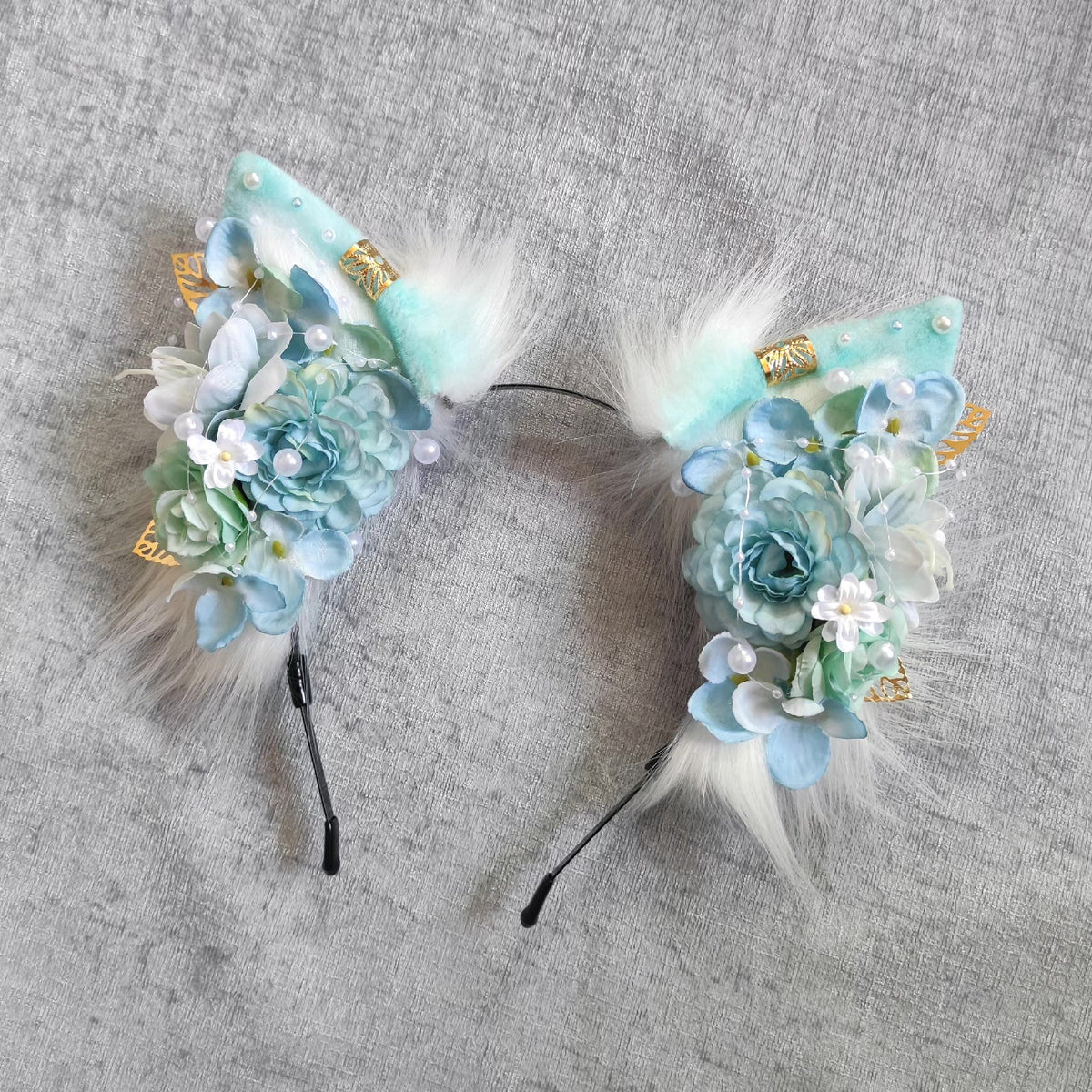 Faux Fur Animal Ear Headband with Blue Flowers