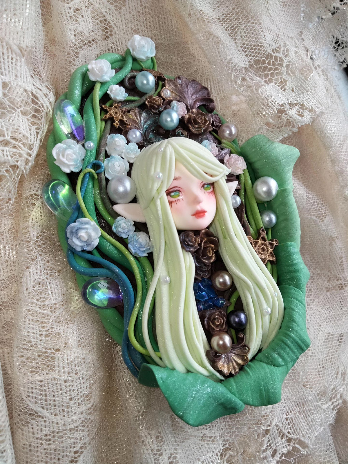 Clay Elf Head Fridge Magnet Floral Design