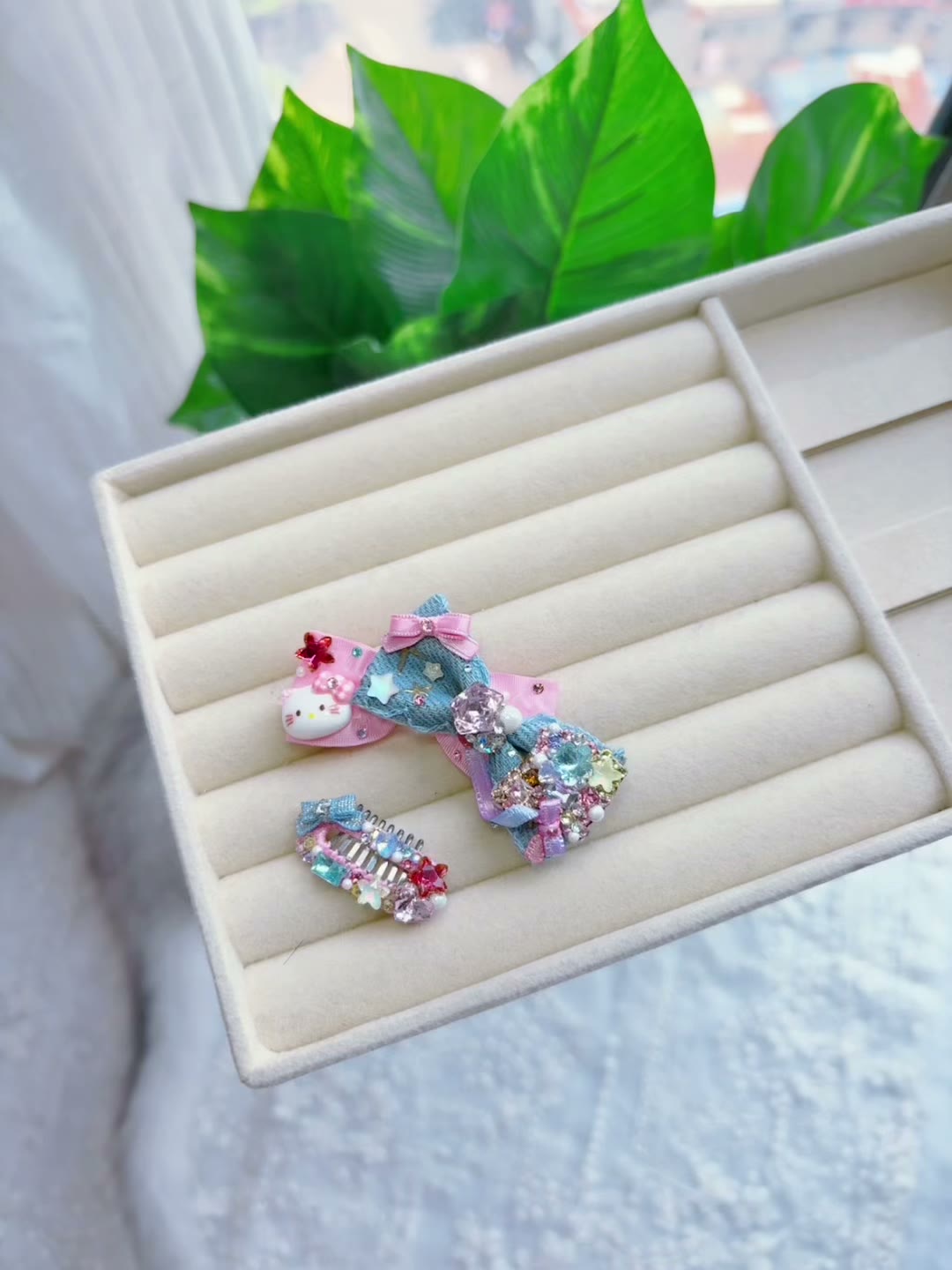 Denim Pet Hair Clips Rhinestone Set