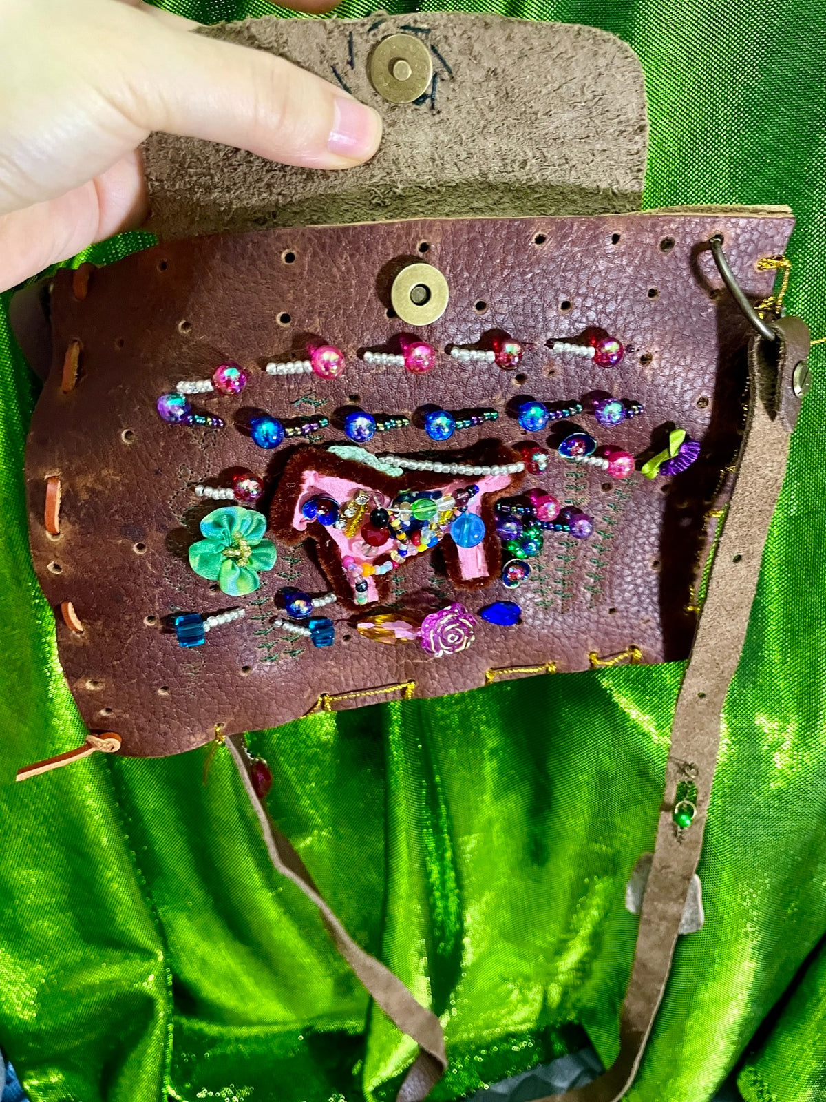Crazy Horse Leather Crossbody Bag with Beadwork