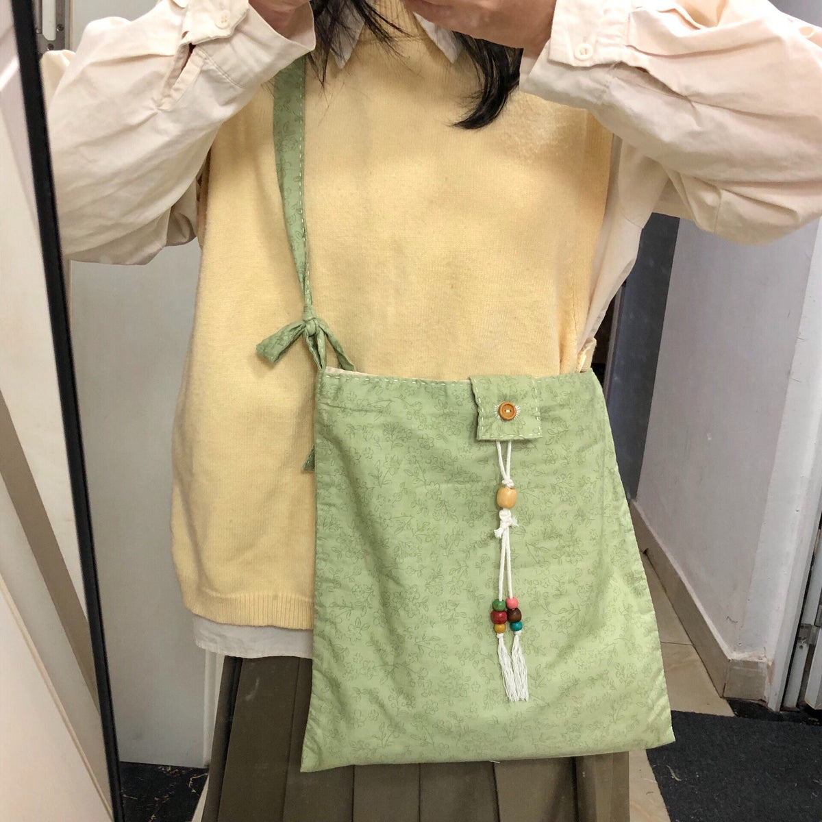 Hand Sewn Light Green Canvas Shoulder Bag