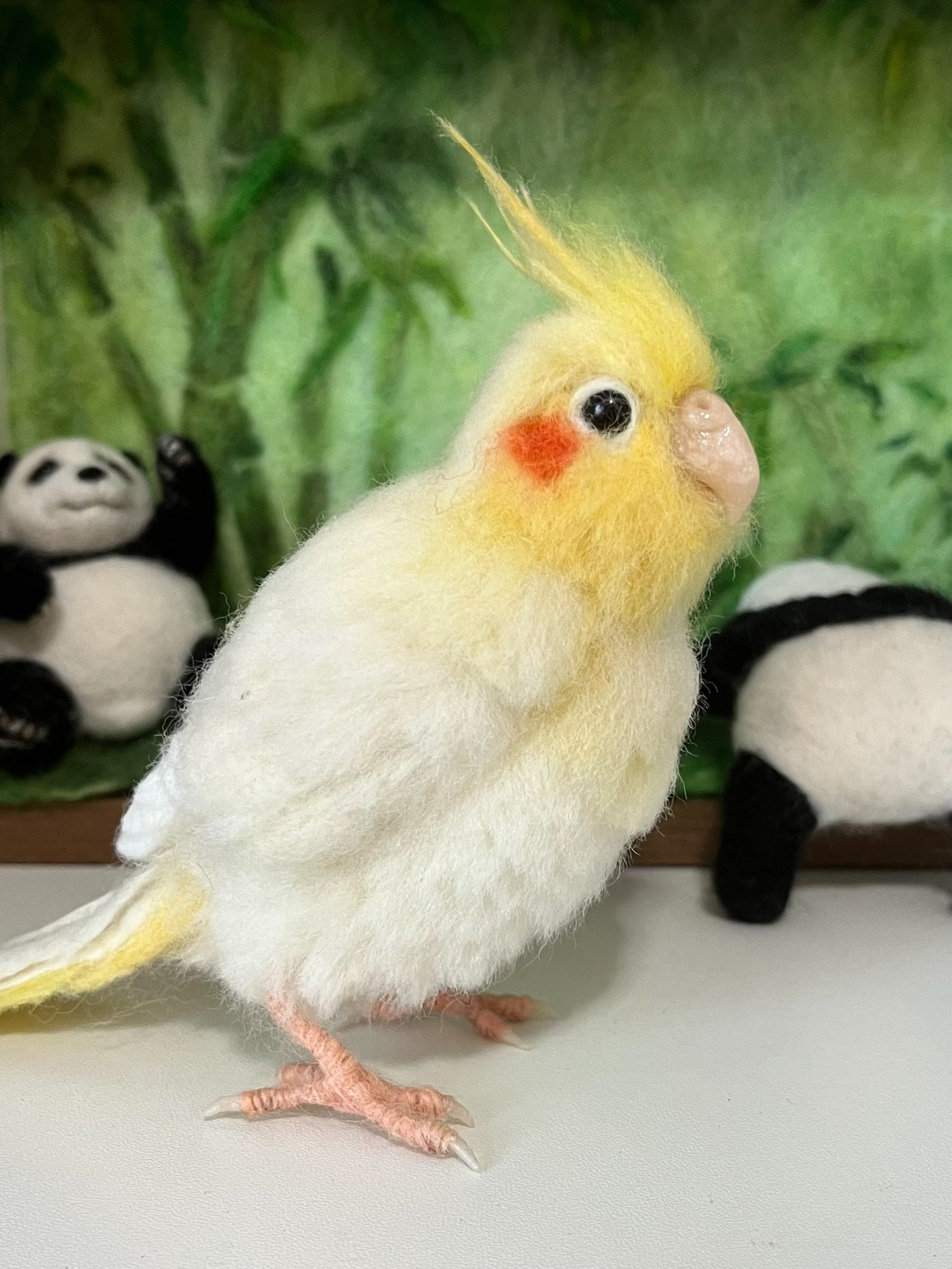 Needle-Felted Cockatiel with White Body, Yellow Crest, and Orange Cheek Patch
