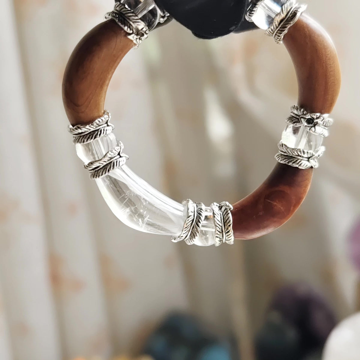 Peach Wood and Clear Crystal Bangle Bracelet