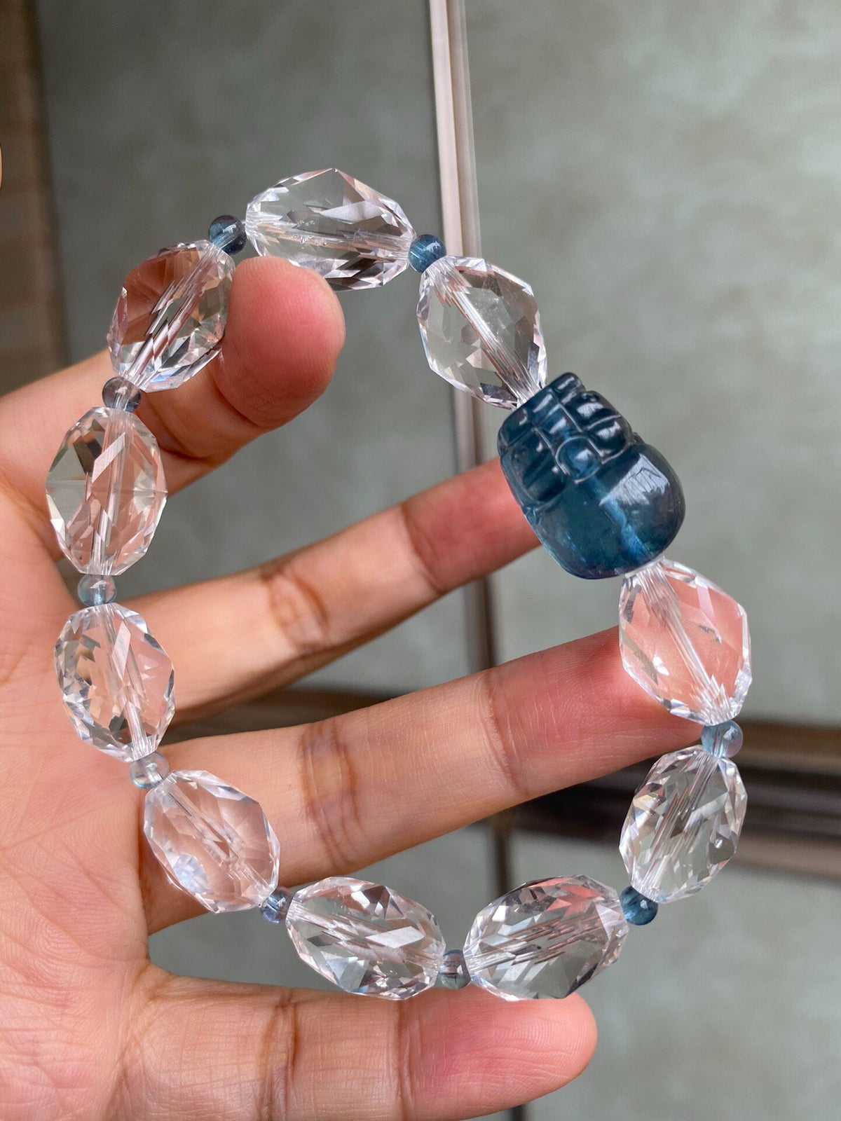 White Crystal Aquamarine Pixiu Beaded Bracelet