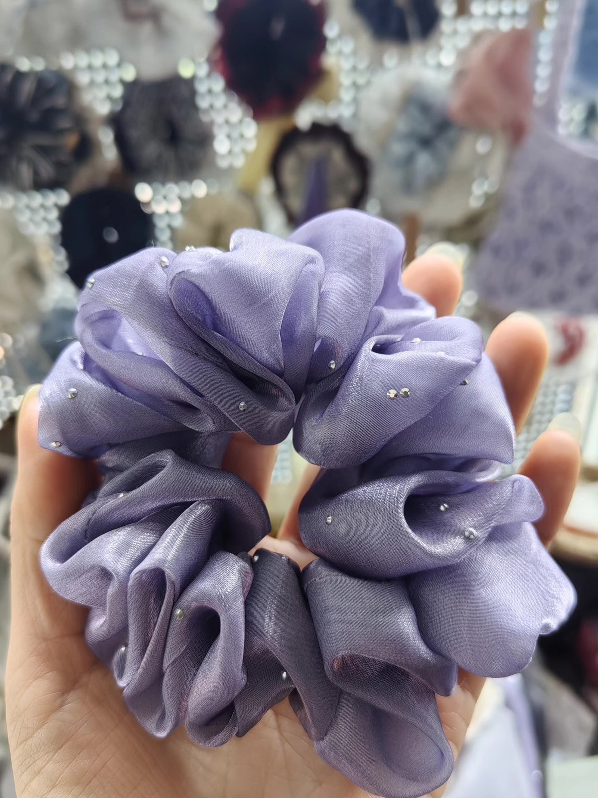 Lavender Satin Rhinestone Scrunchie