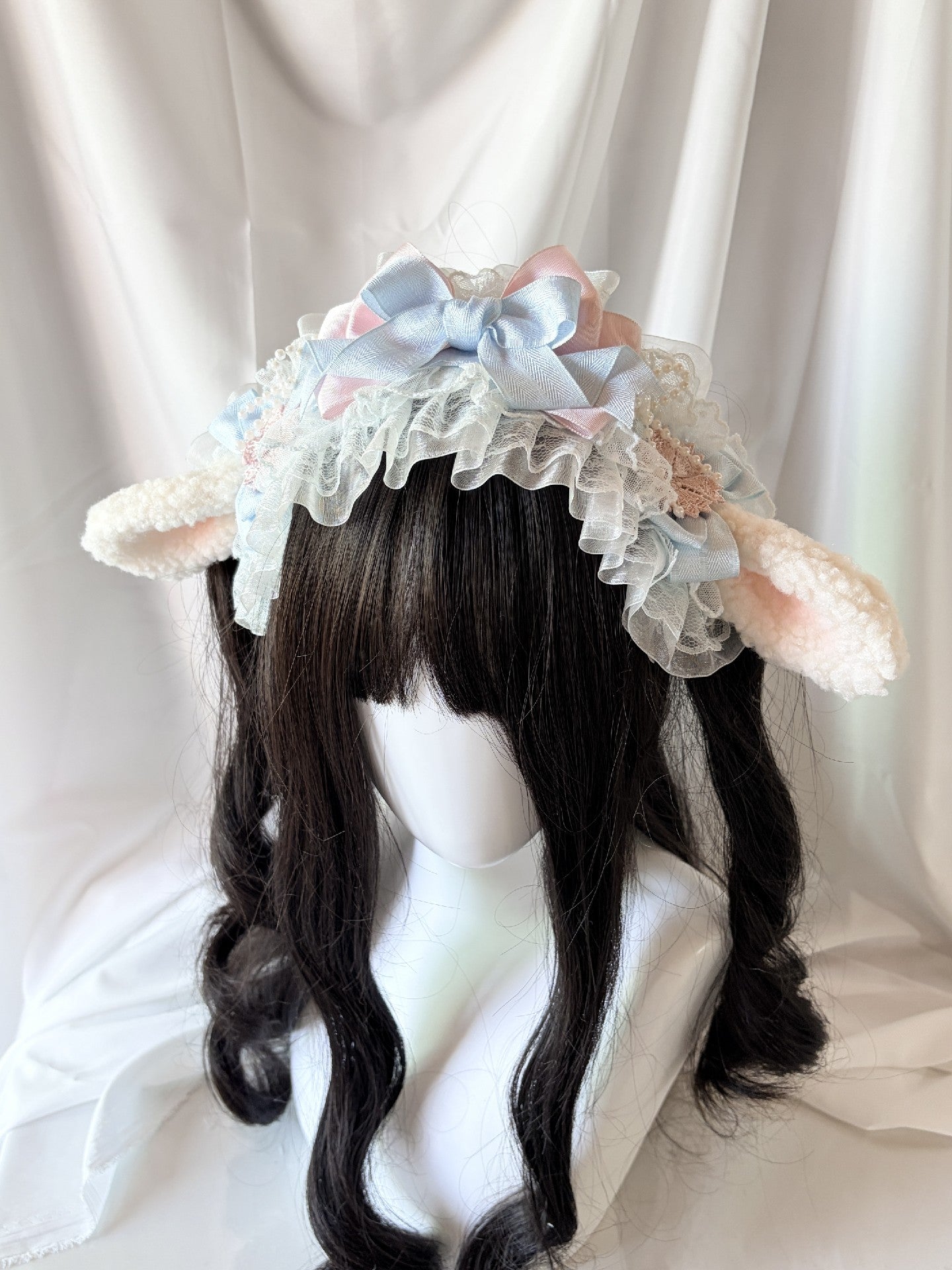 Lolita Plush Ear Headband with Lace and Satin Bow