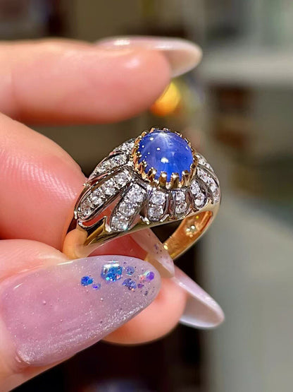 18k Two-Tone Gold Star Sapphire Ring with Diamond Pavé Wings