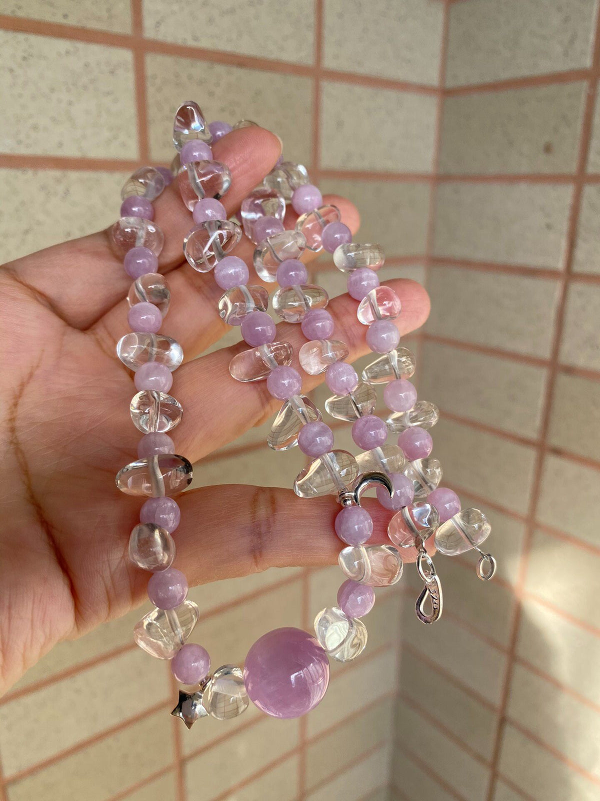 Colar de Contas de Quartzo Branco e Kunzite em Prata Esterlina