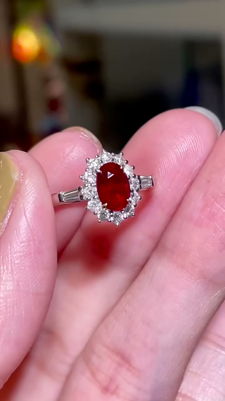 Ruby Halo Ring with Baguette Accents