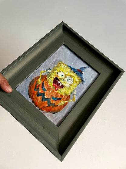 SpongeBob Halloween Themed Hand-Painted Oil Painting Original Artwork Framed Tabletop Decoration