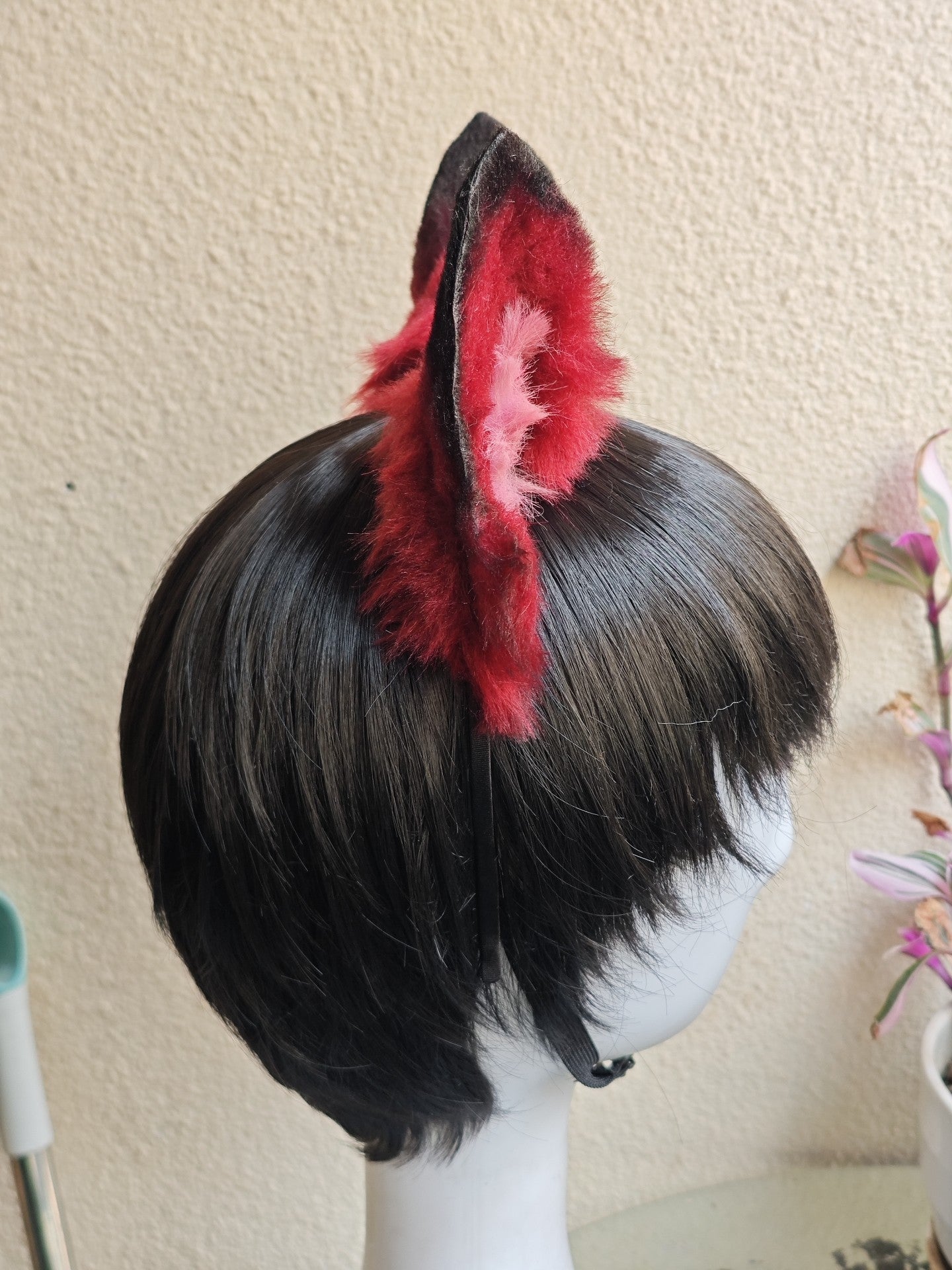 Handmade Dog Ears Headband - Red Black Gradient with Pink Fur Accent