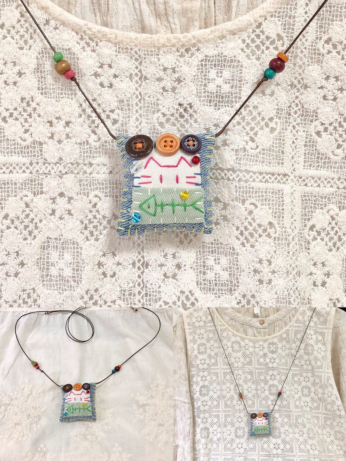Handmade Cat Fish Denim Pendant Necklace