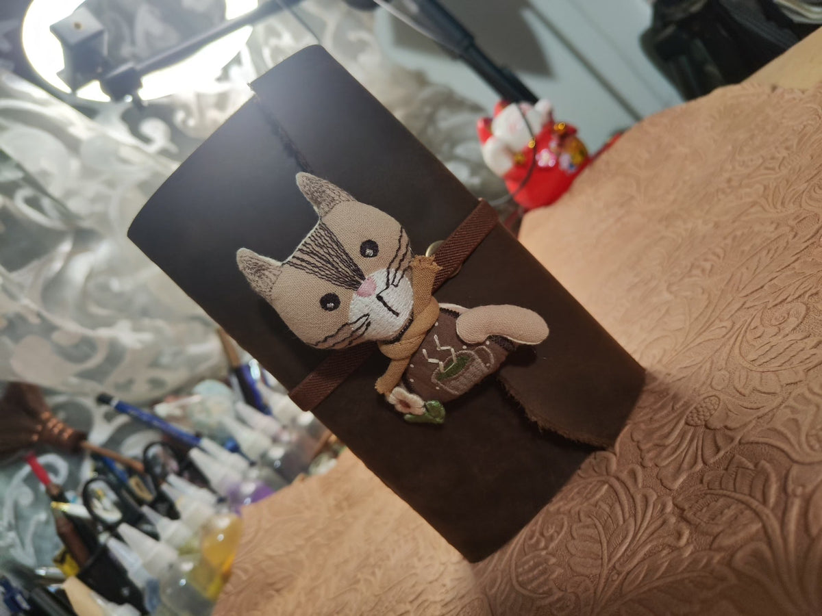 Handcrafted Leather Notebook with Cat Charm