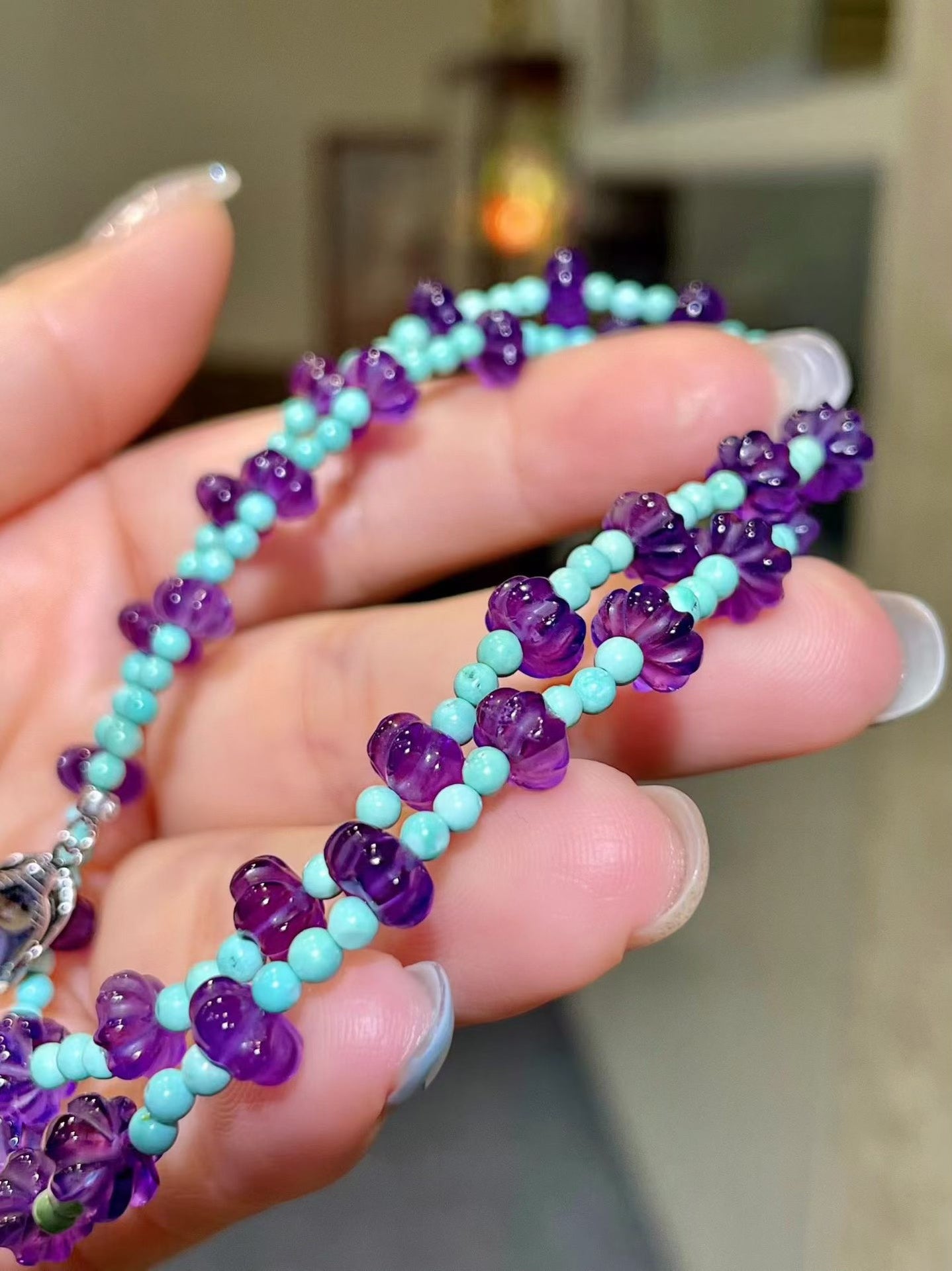 Amethyst and Turquoise Pumpkin Bead Necklace 44cm