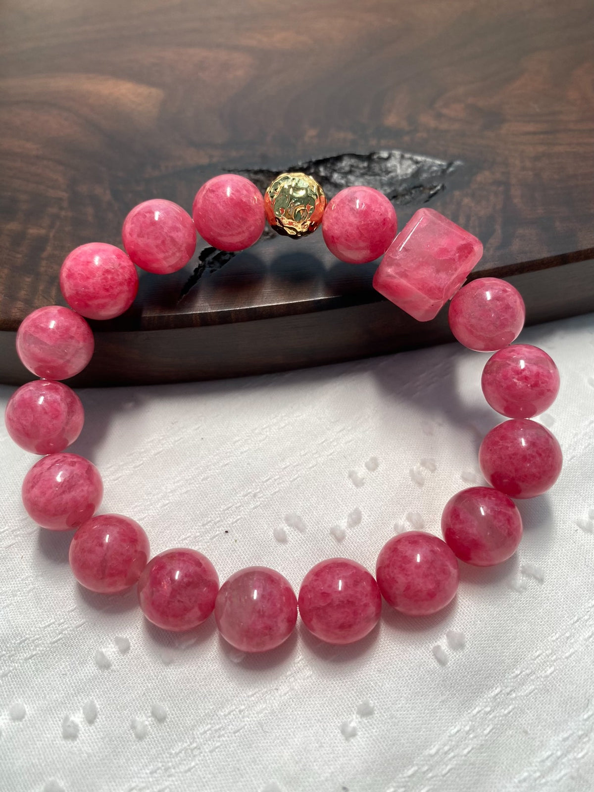 Rhodonite Beaded Bracelet with Cube Accent