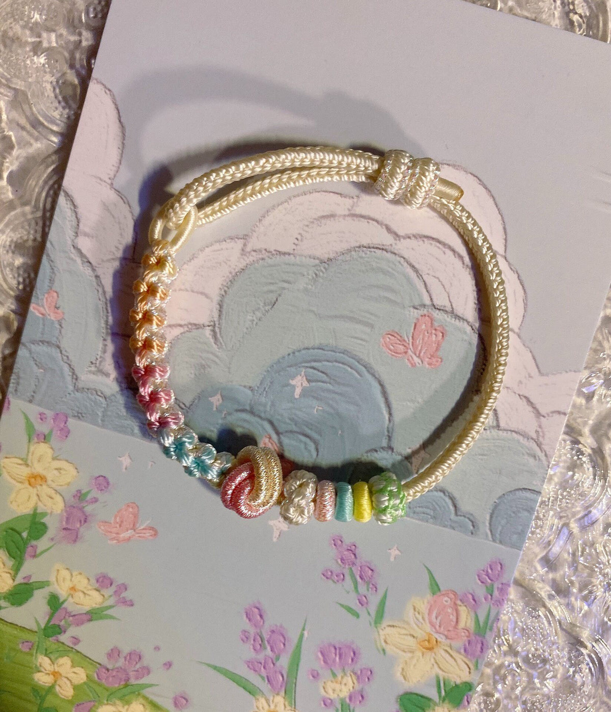 Handwoven Pastel Floral Knot Bracelet