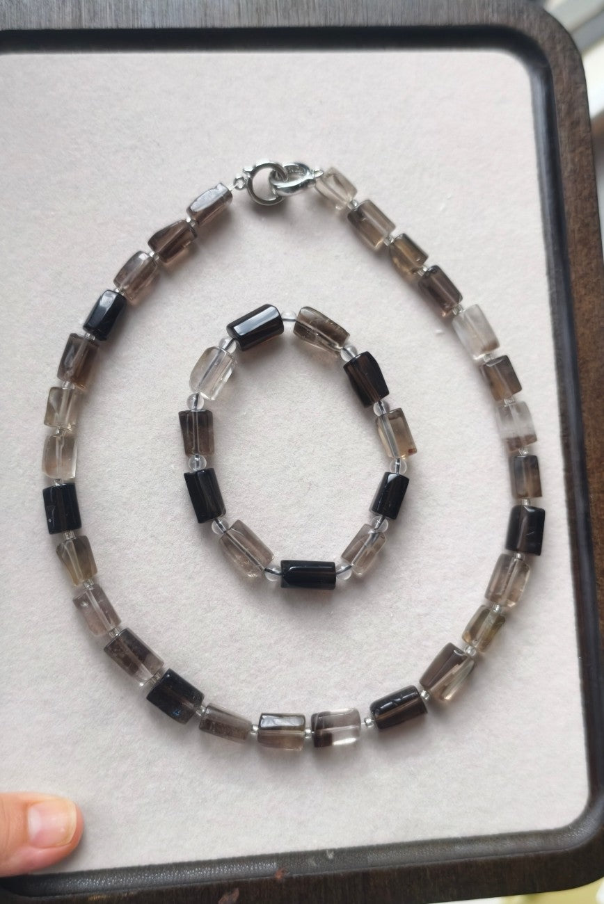 Smoky Quartz Beaded Necklace and Bracelet Set