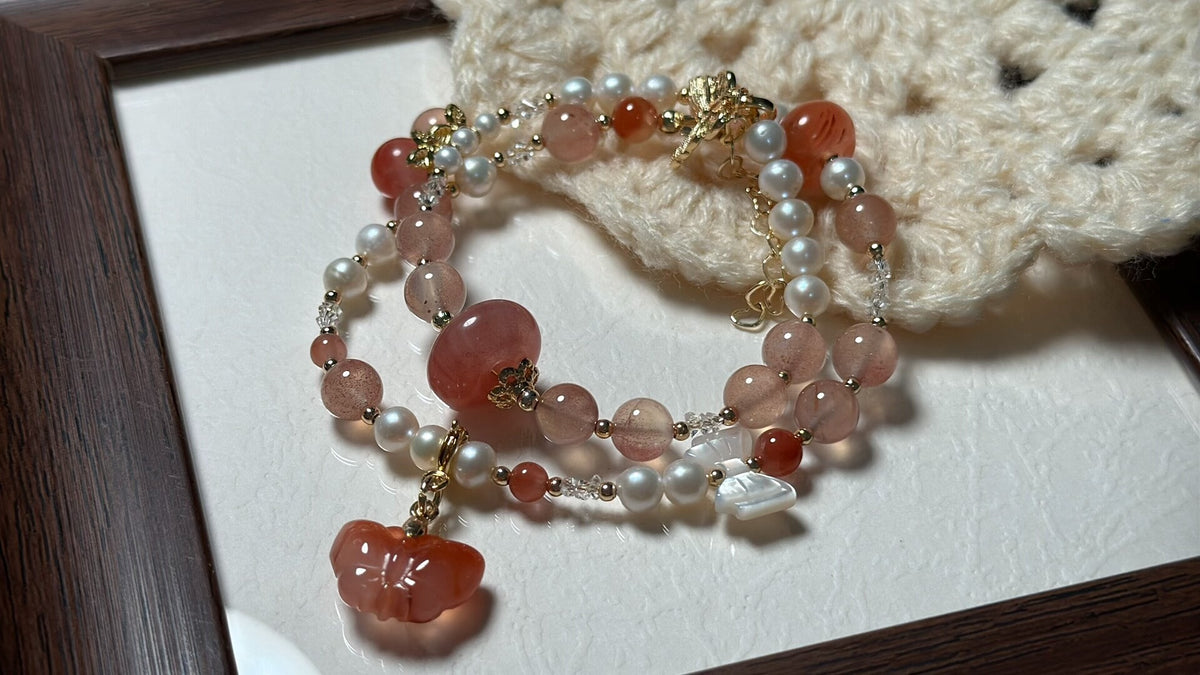 South Red Agate Butterfly Pearl Double Wrap Bracelet