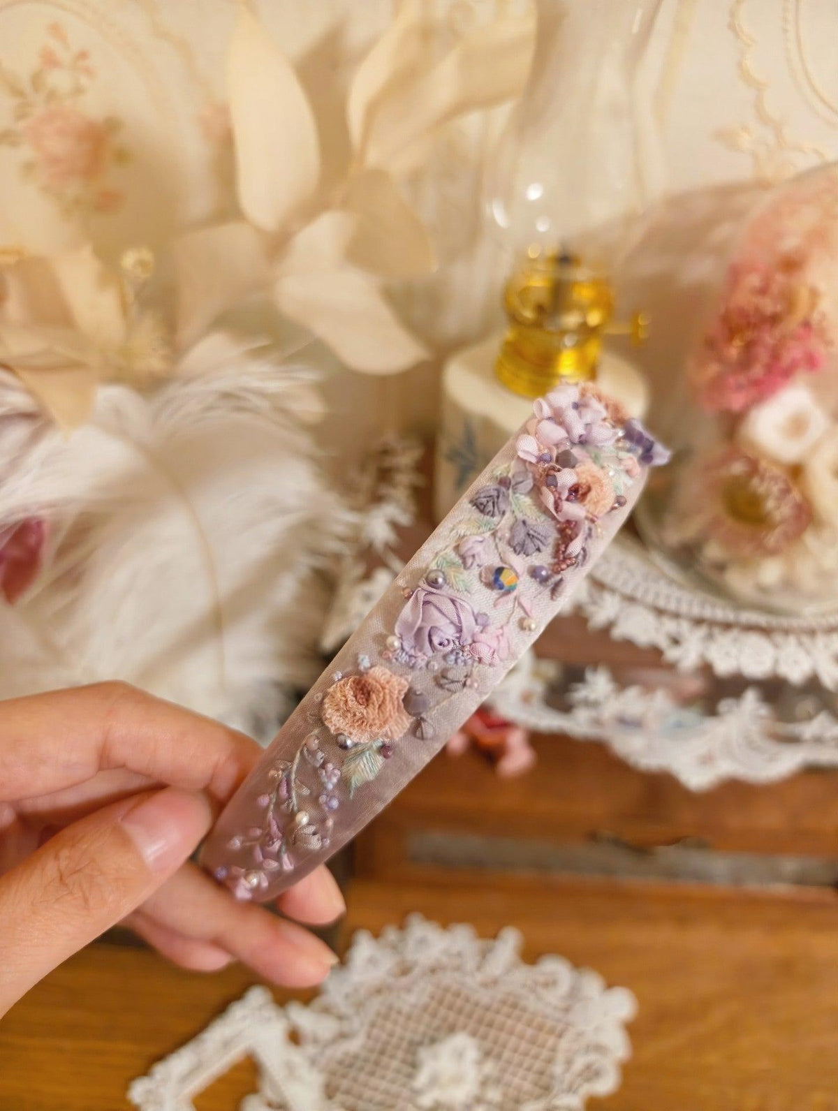 Embroidered Floral Headband Pastel Beaded Design