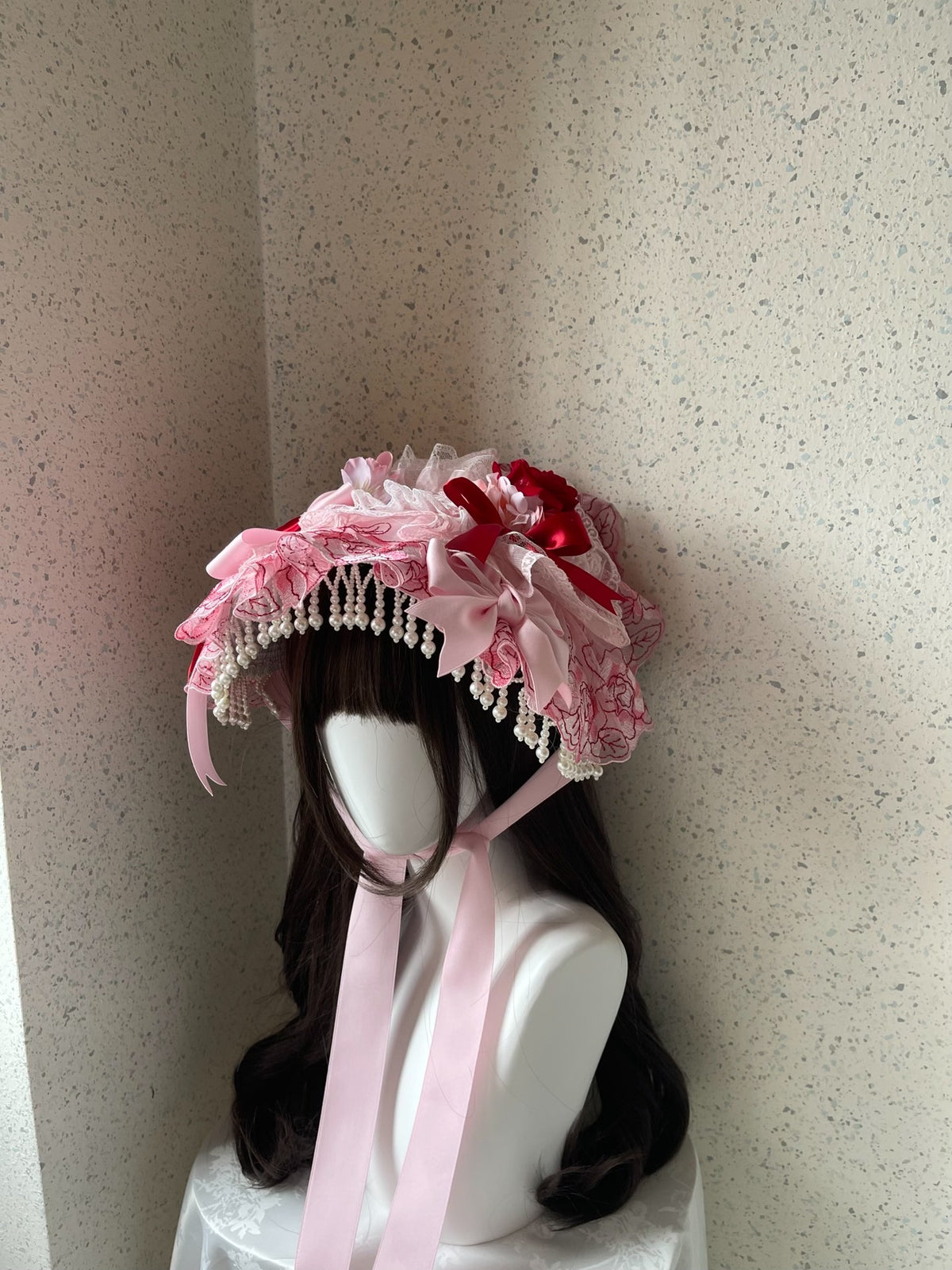 Lolita Pink Lace Bonnet Handmade