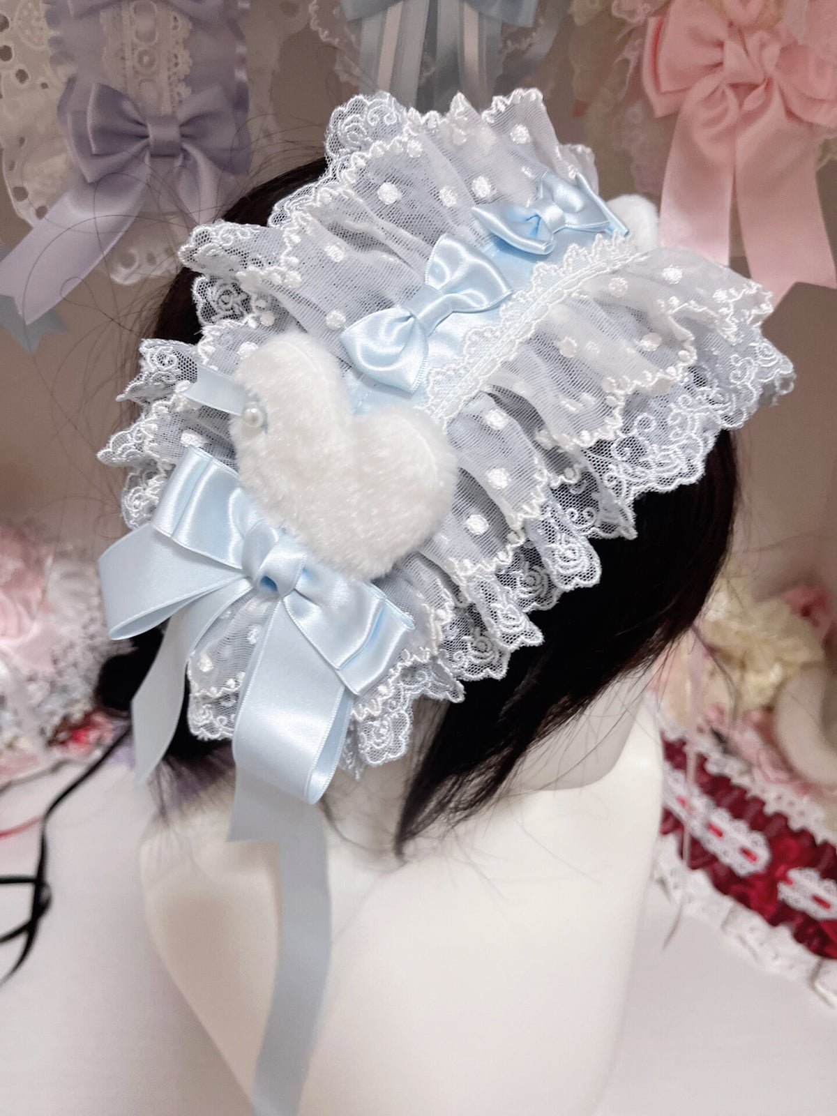 Baby Blue Lolita Bonnet with Heart Appliques