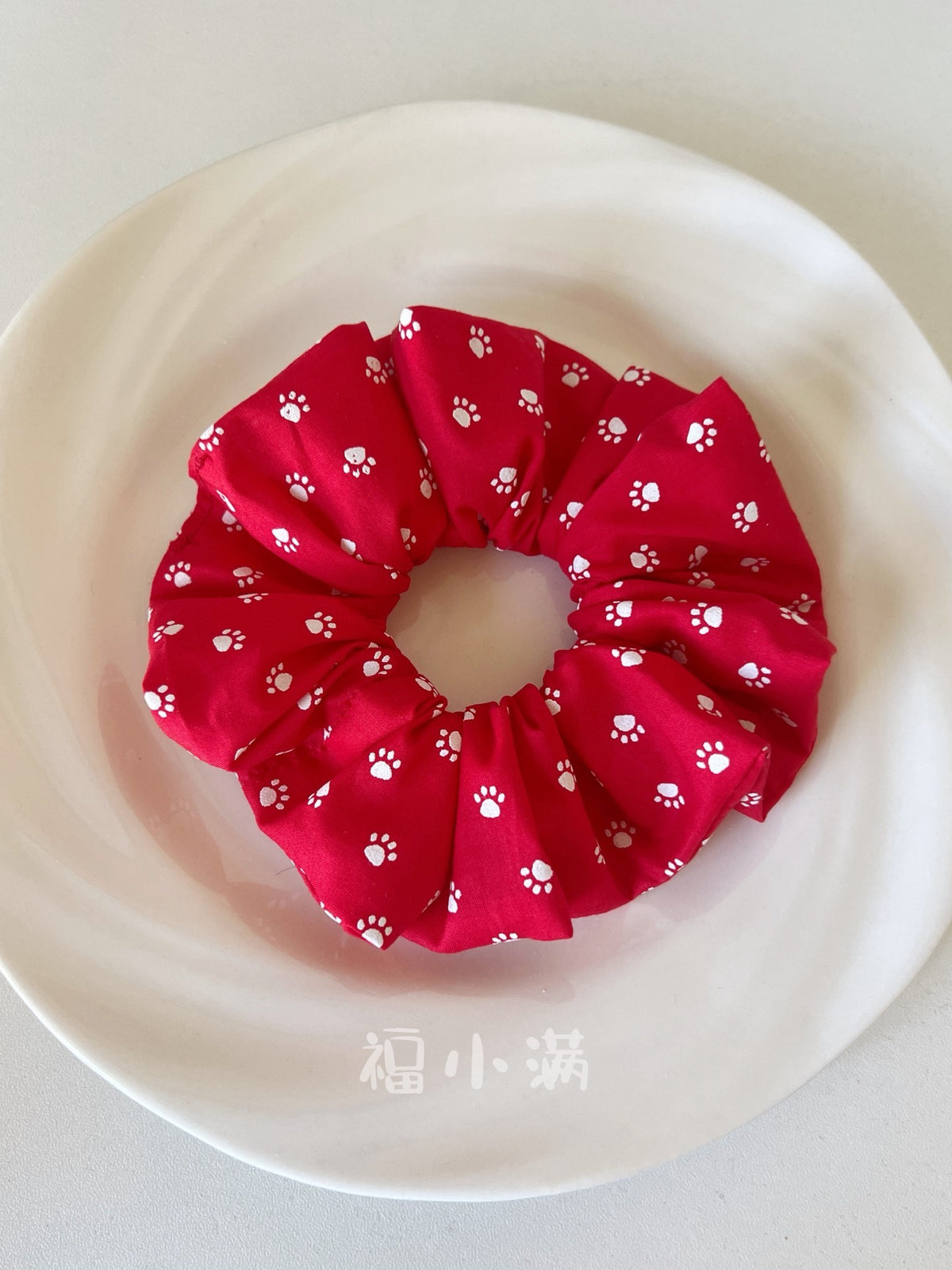 Red Scrunchie White Paw Print
